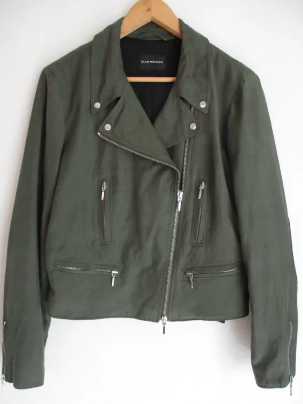 Club Monaco  Karpri Olive Green 
Moto Jacket Asymmetric Zip Biker
Coat  Sz S EUC - Picture 2 of 13